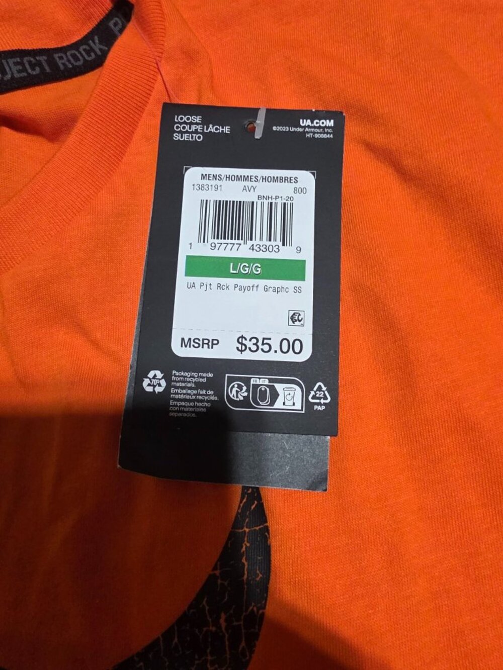 Under Armour Project Rock Payoff Graphic T-Shirt Men's L Orange NEW WITH TAGS